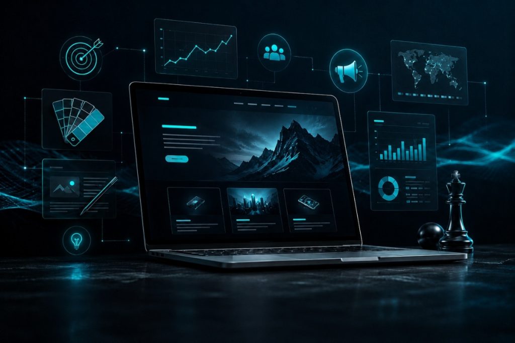 Prémium digitális jelenlétet bemutató modern laptop weboldallal, arculati és online marketing elemekkel.