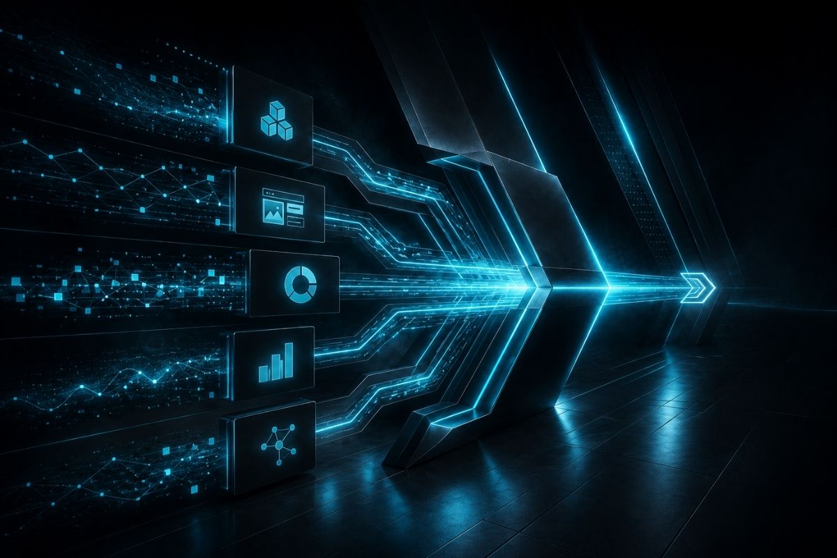 Futurisztikus digitális rendszerábra neon kék elemekkel, amely a weboldal, tartalom, adatok és marketing összekapcsolódását mutatja.