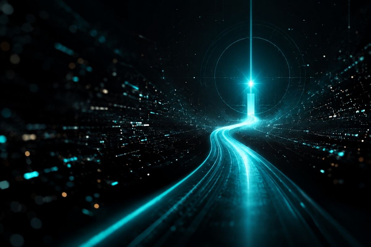 Türkiz neonfényekből álló digitális út vezet egy fényes célpont felé sötét, futurisztikus környezetben.