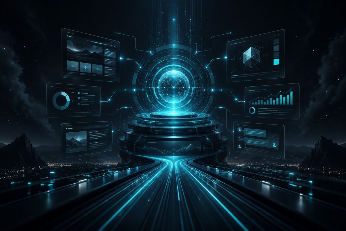 Futurisztikus digitális központ neon kék felületekkel, amely a weboldal, marketing, analitika és márkaépítés összekapcsolódását mutatja.