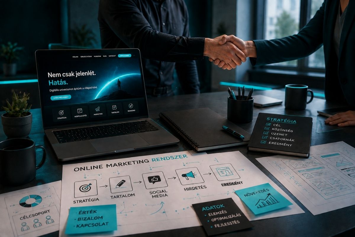 Online marketing rendszer és üzleti megállapodás modern irodai környezetben, laptopon megjelenő weboldallal és stratégiai tervekkel.