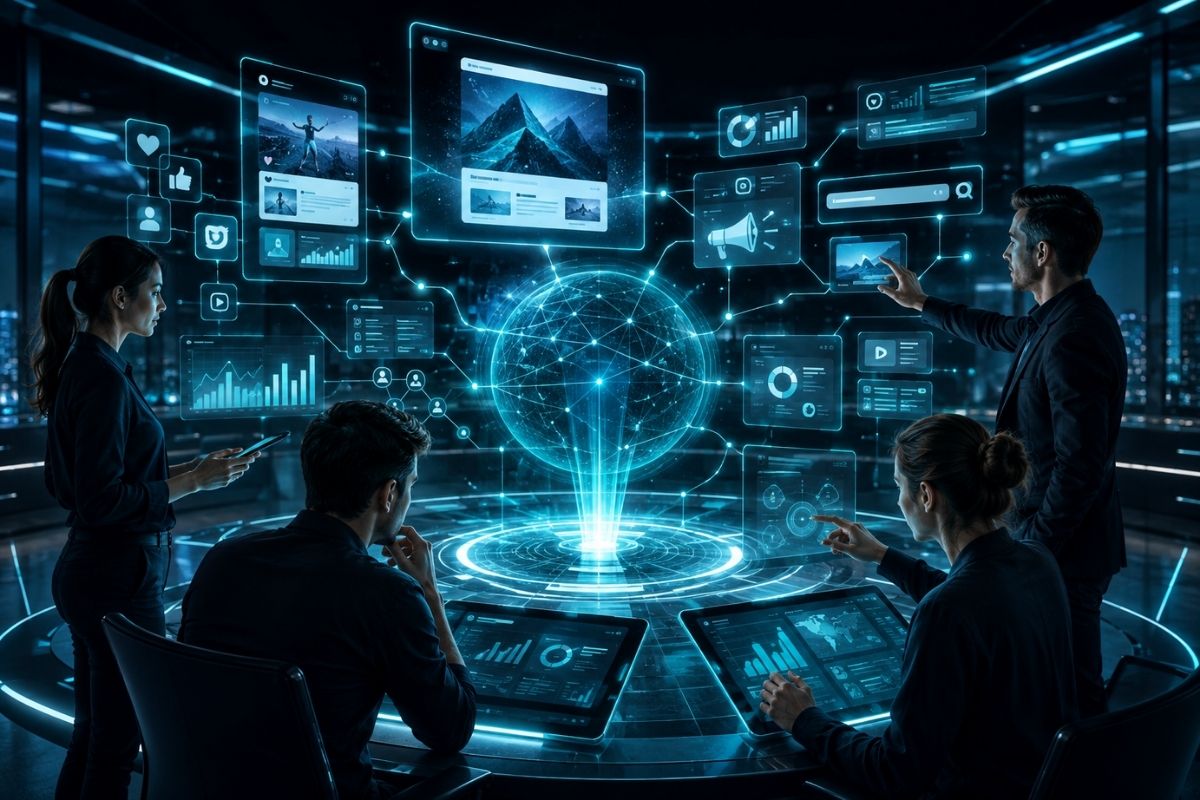 Futurisztikus online marketing stratégiai központ emberekkel és digitális felületekkel.