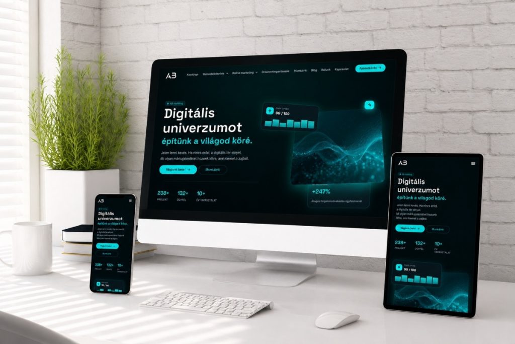 AB Holding weboldal több eszközön megjelenítve, üzleti szemléletű weboldalkészítés témához.