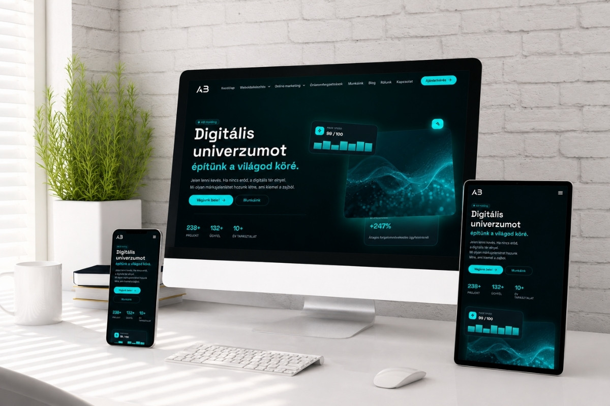 AB Holding weboldal több eszközön megjelenítve, üzleti szemléletű weboldalkészítés témához.